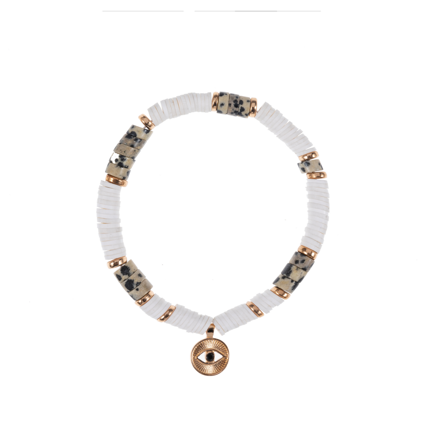 White Speckled Stone + Evil Eye Charm Bracelet