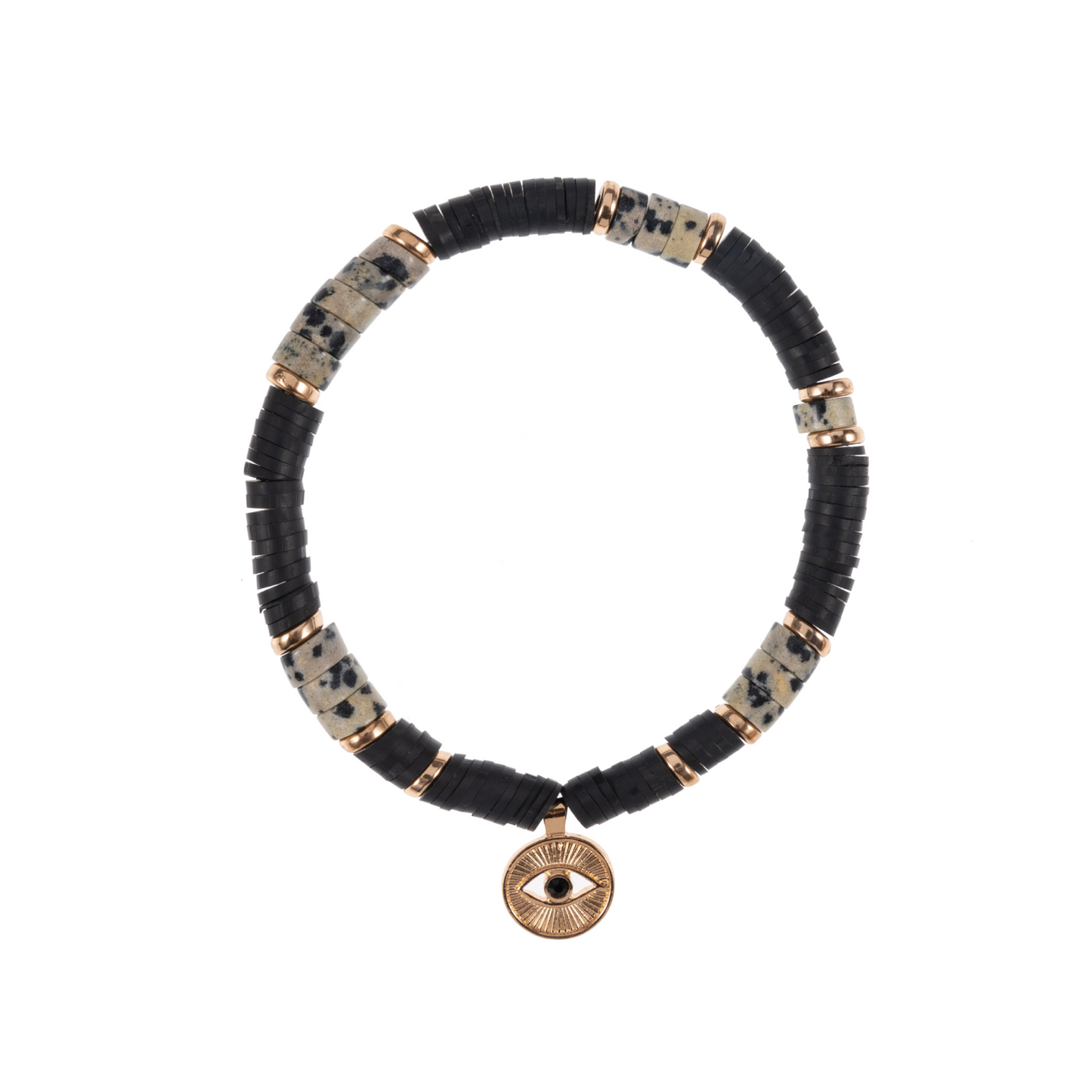 Black Speckled Stone + Evil Eye Charm Bracelet