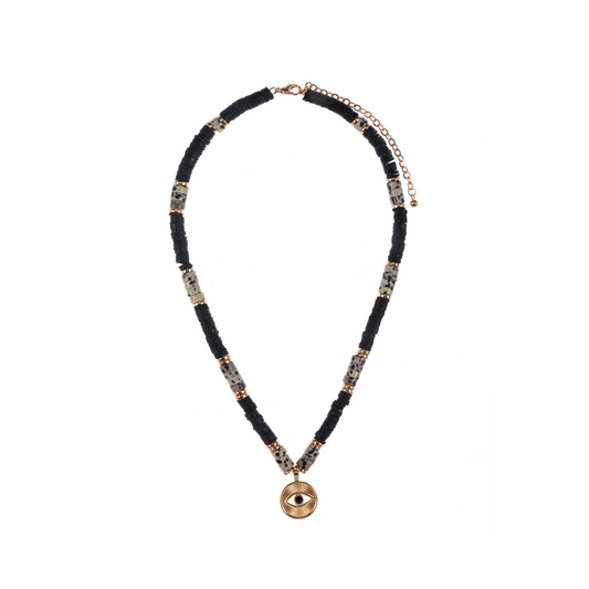 Black Speckled Stone + Evil Eye Pendant Necklace