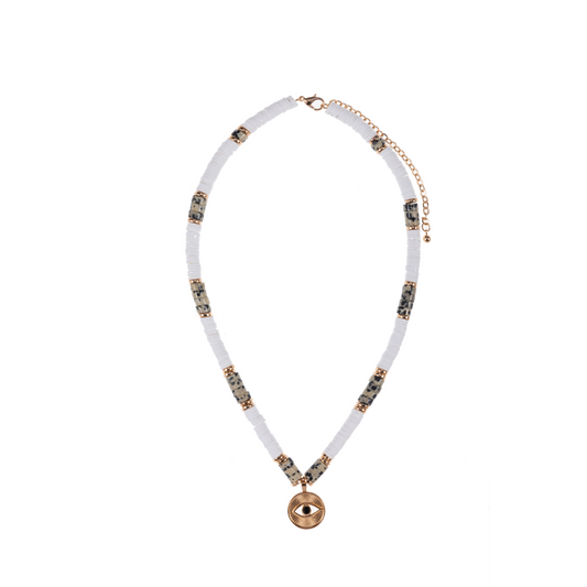 White Speckled Stone + Evil Eye Pendant Necklace